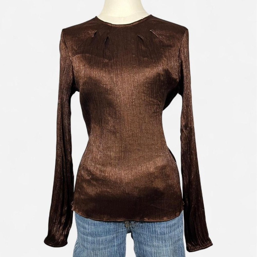 Express Brown Metallic Long Sleeve Top Pleated Womens S Glam Party Evening